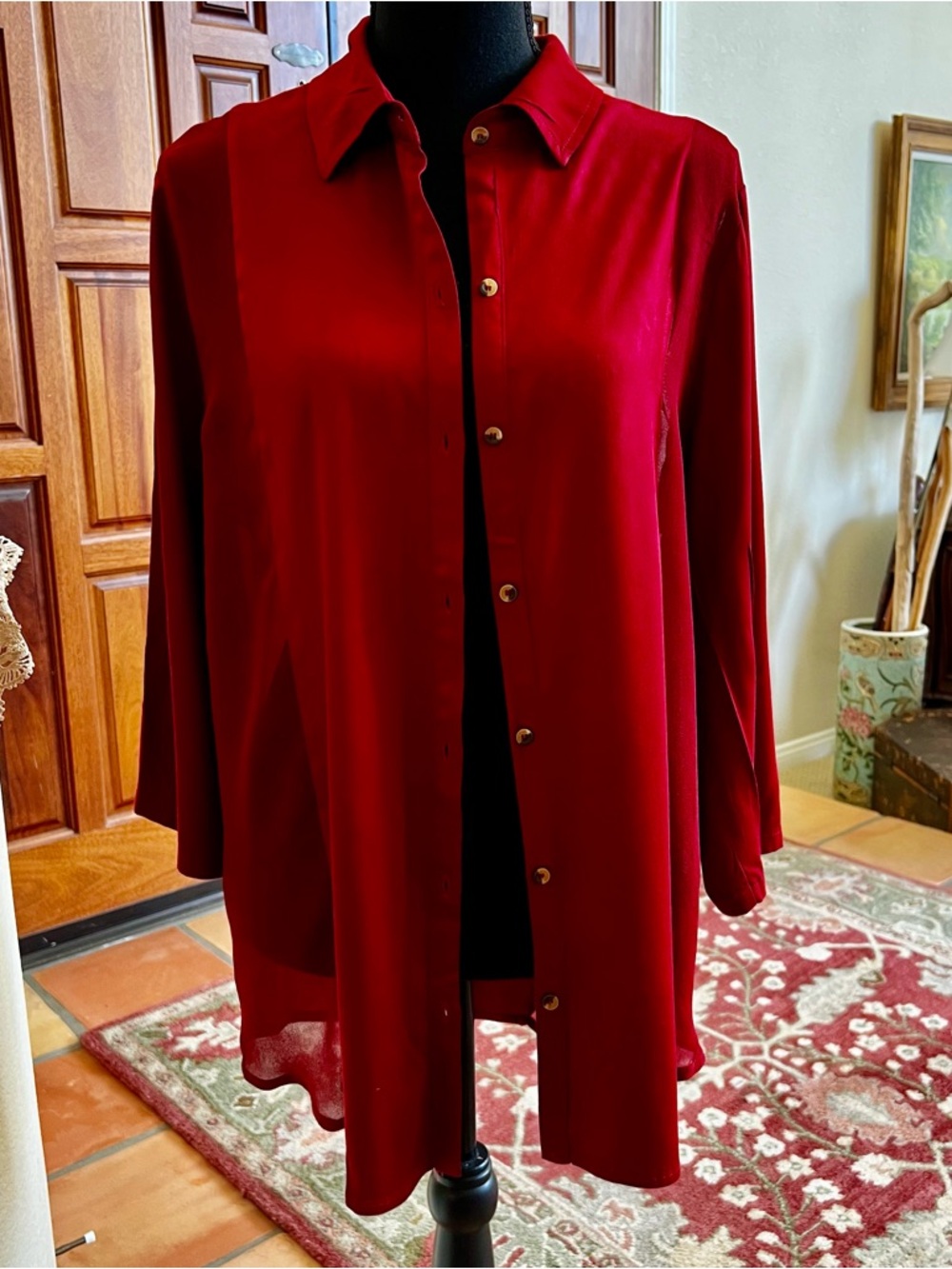 XCVI Blouse Top Button Down Collared Red Shirt Sheer Sides Size M